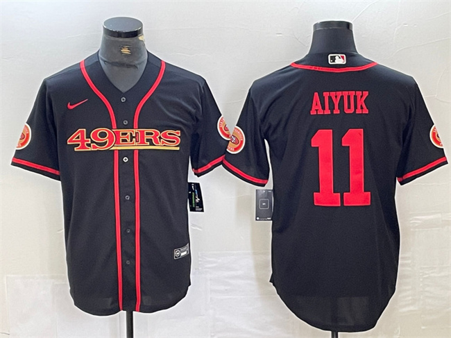 Men's San Francisco 49ers #11 Brandon Aiyuk Black With Patch Cool Base Stitched Baseball Jersey - Click Image to Close